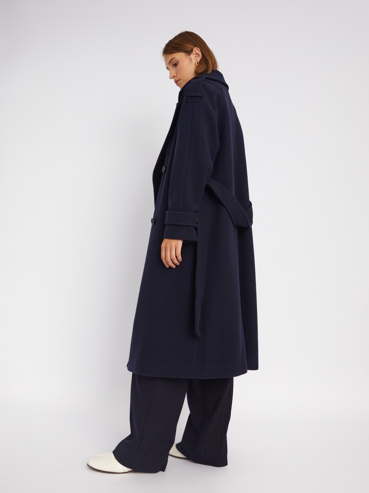 Длинное пальто-тренч без утеплителя на пуговицах с рукавами реглан и поясом zolla 023335866114, цвет синий, размер S - фото 3