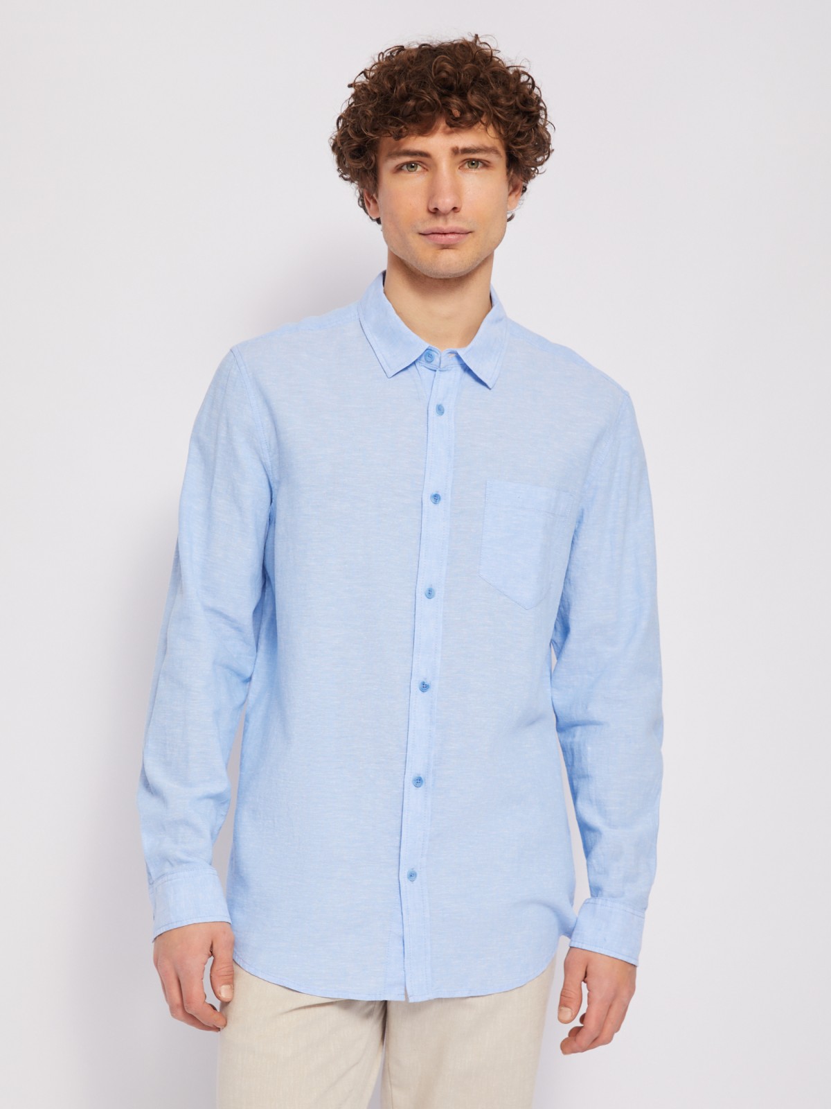 Льняная офисная рубашка прямого силуэта с карманом zolla 014212159013, цвет светло-голубой, размер M - фото 3