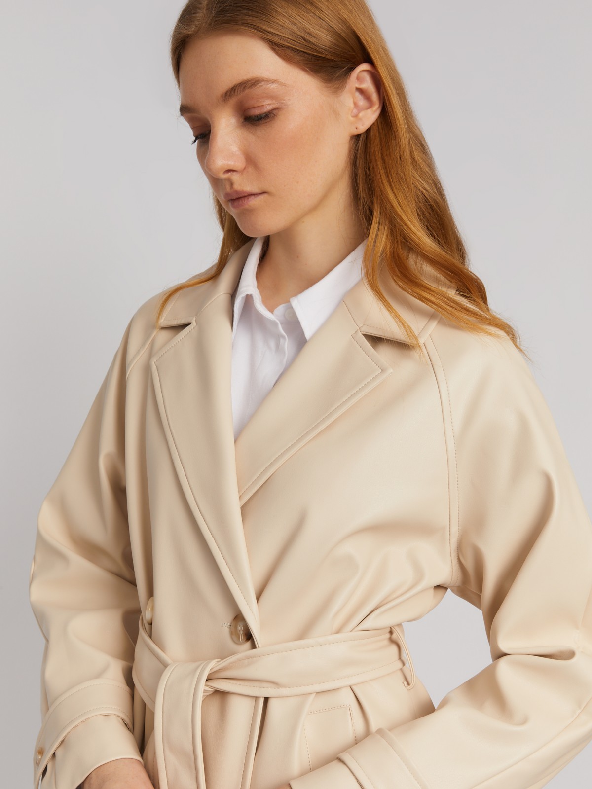 Длинное пальто-тренч из экокожи с рукавами реглан и поясом zolla 024135707024, цвет молоко, размер XS - фото 4