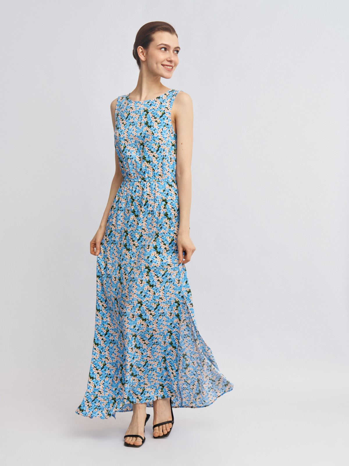 Платье макси без рукавов с разрезами и поясом