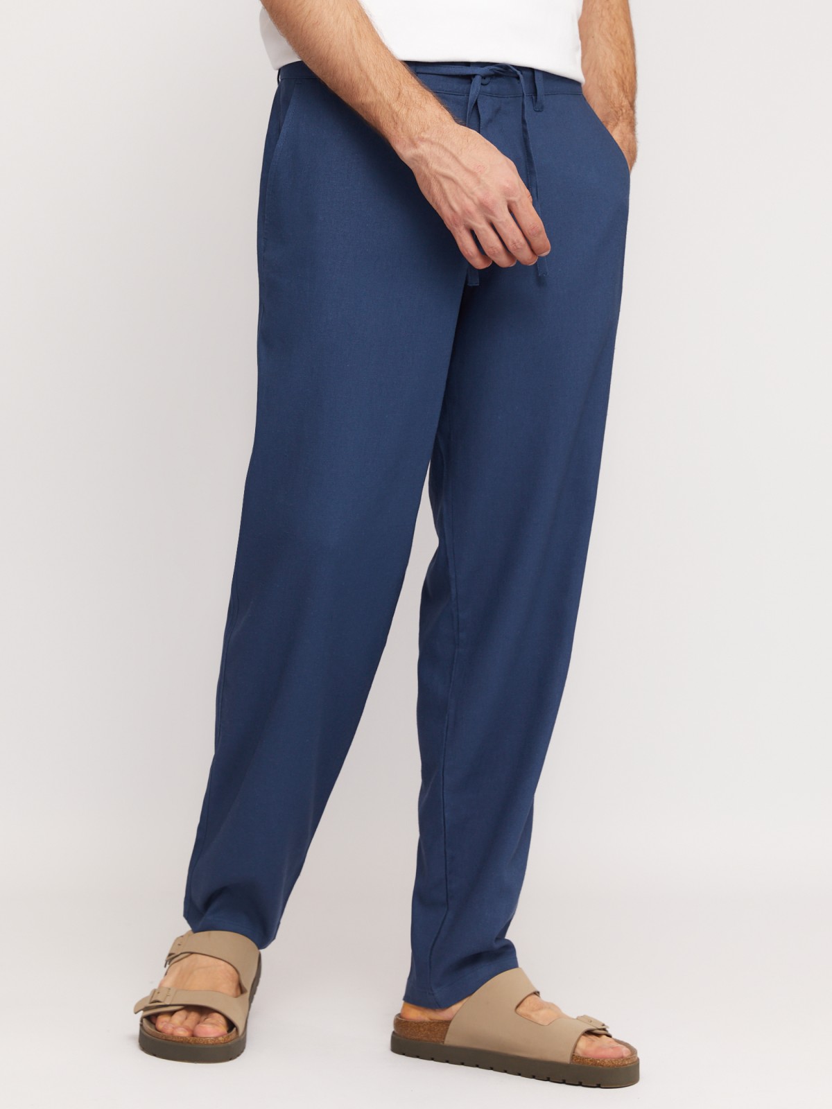 Льняные брюки прямого фасона с кулиской zolla N1424730L013, цвет голубой, размер 32 - фото 2