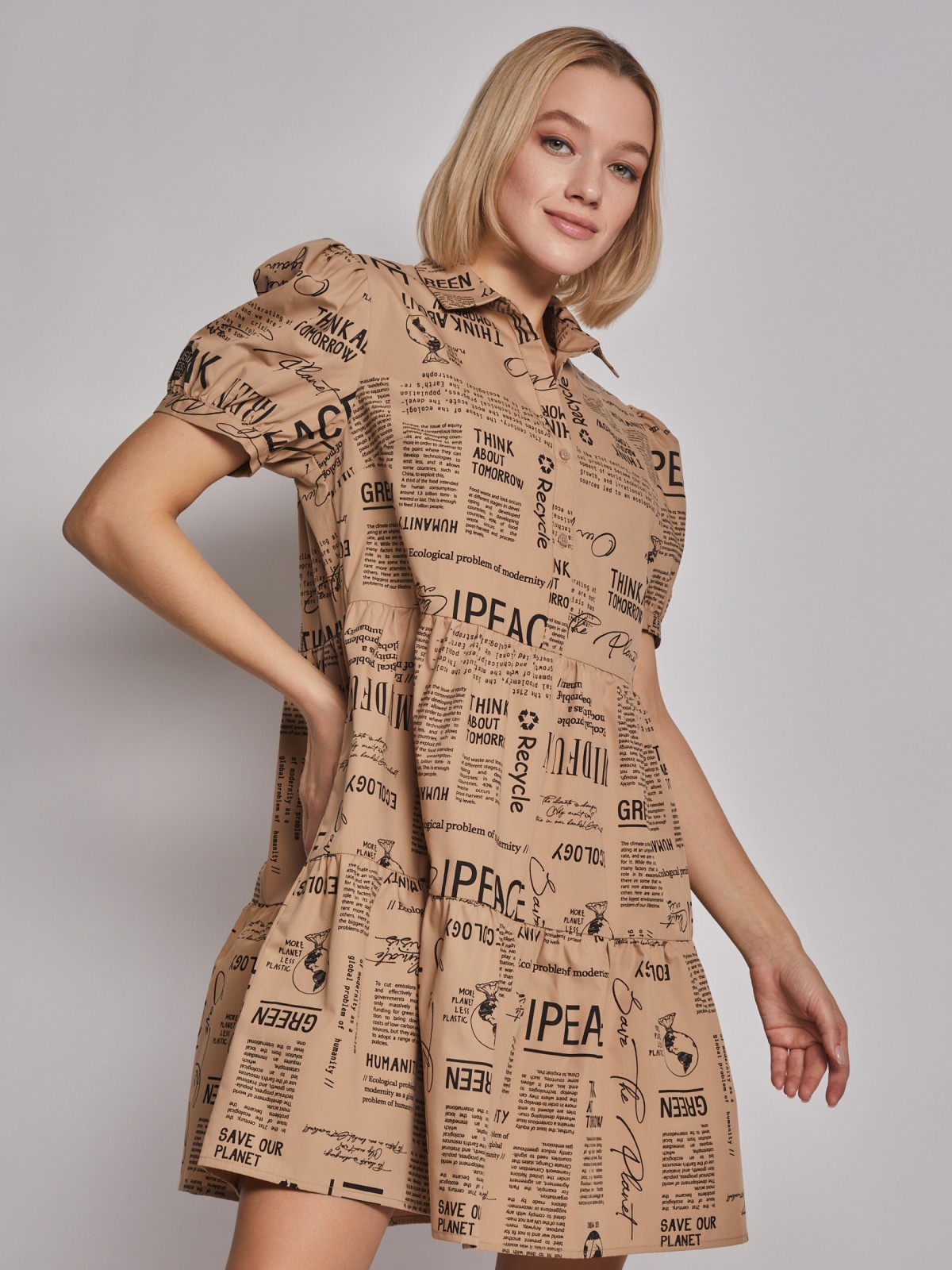 Ярусное платье-рубашка длины мини с принтом zolla Бежевый 22313827Y123 