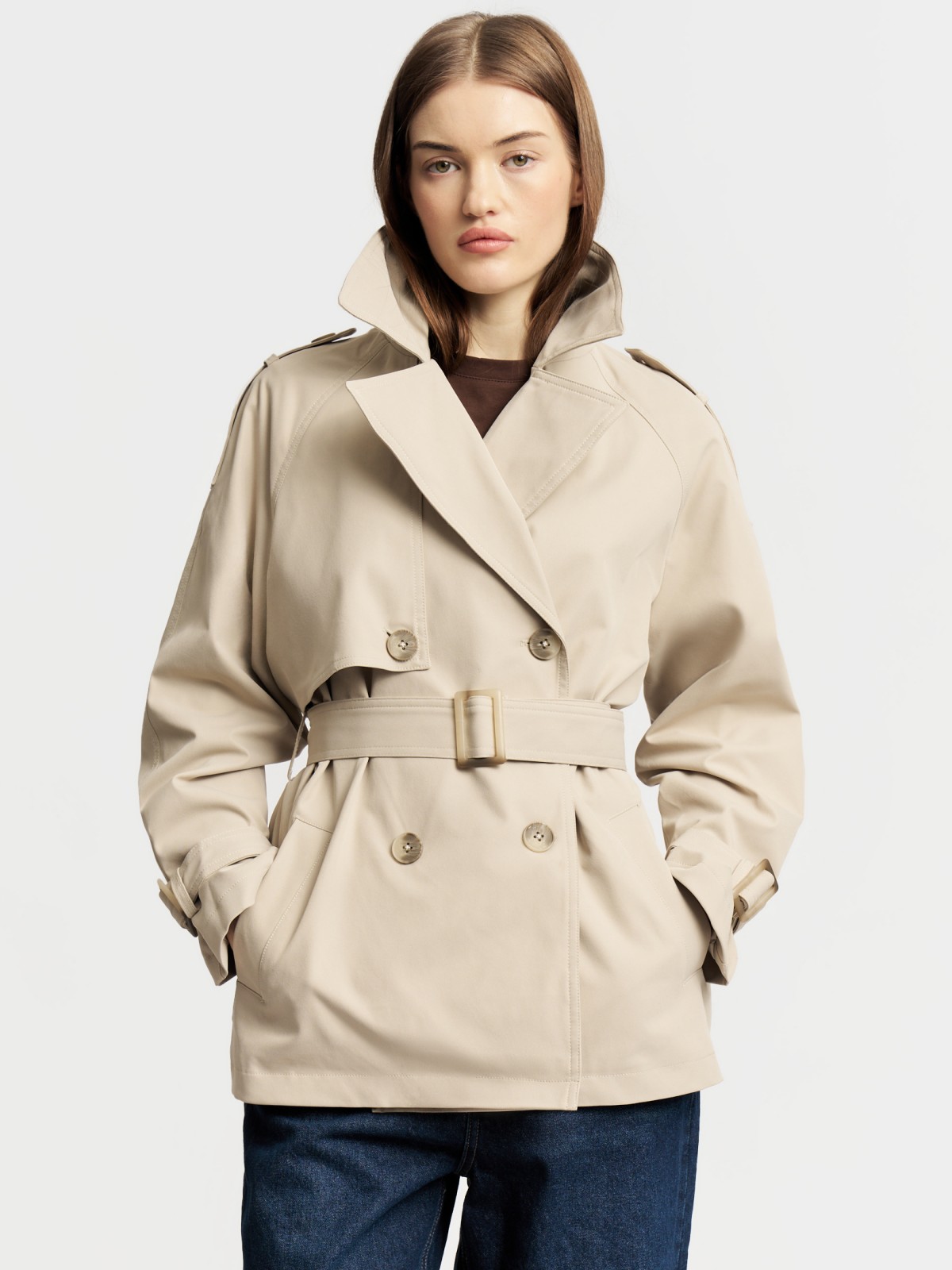 Двубортная куртка-тренч с поясом