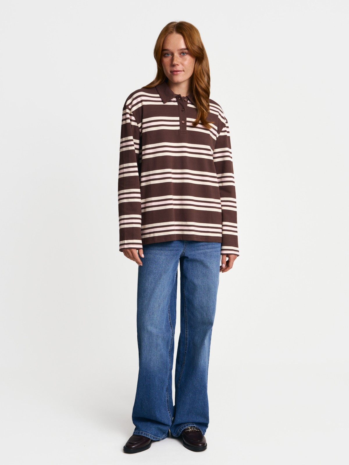 Трикотажный джемпер-лонгслив в полоску с воротником поло