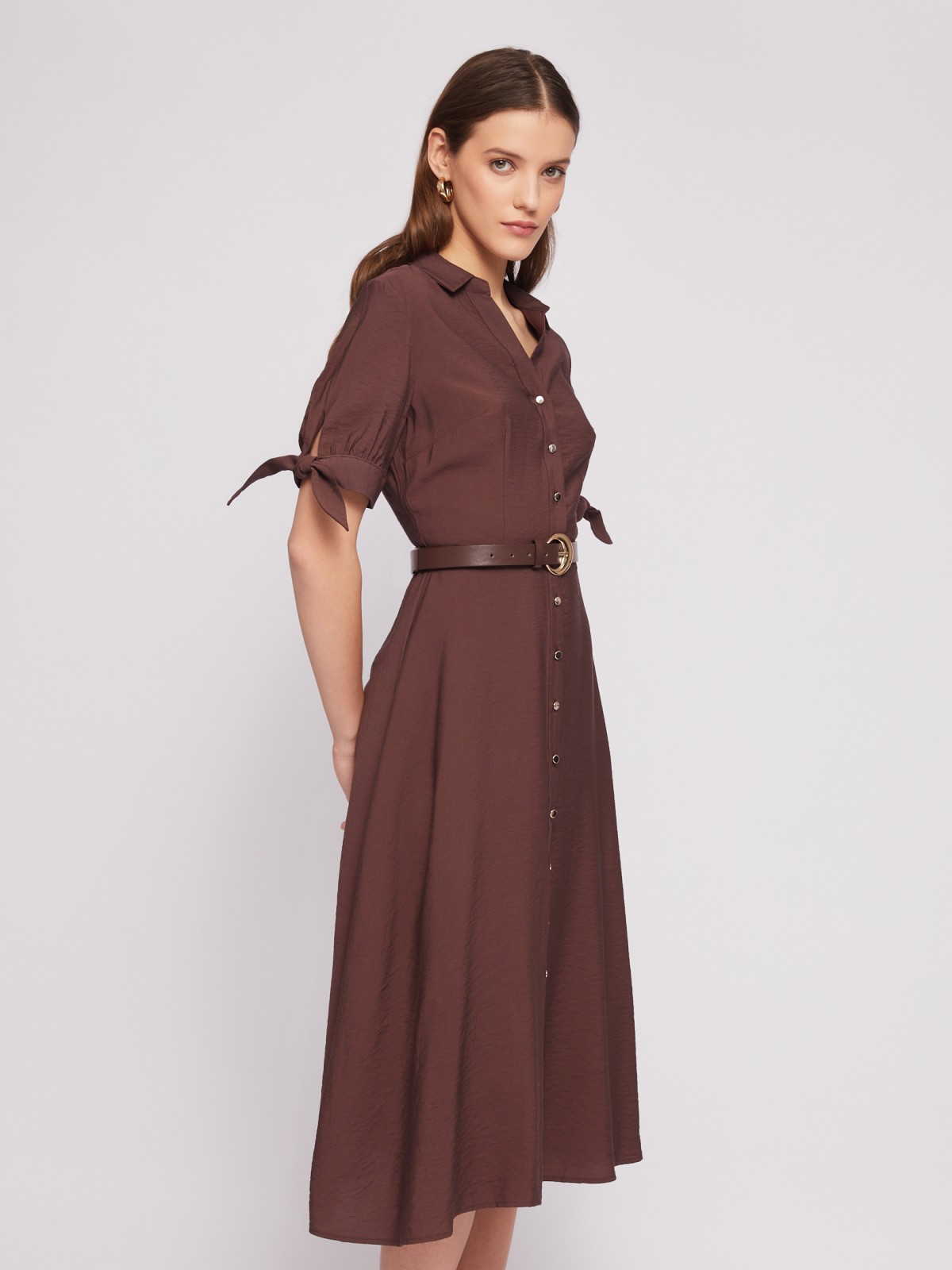 Платье-рубашка длины миди с акцентом на рукавах и ремнём zolla 024218240123, цвет коричневый, размер M - фото 4