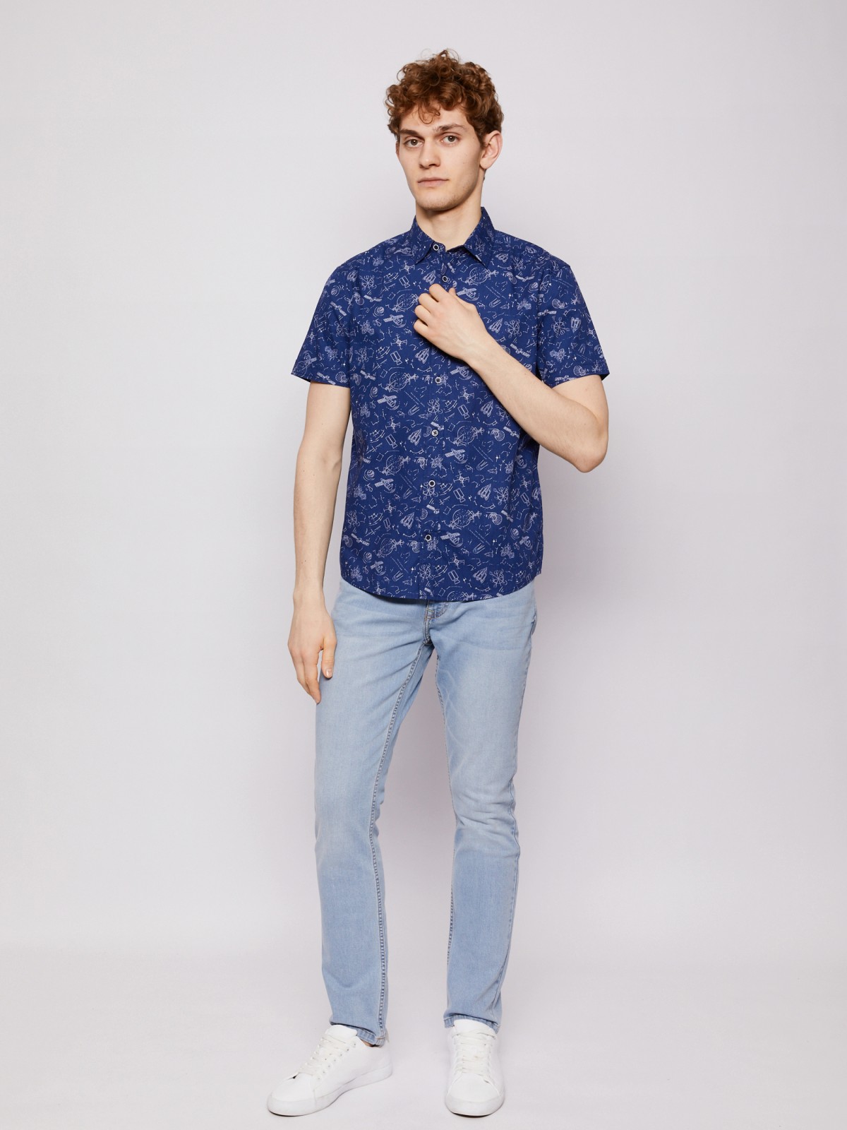 Хлопковая рубашка с короткими рукавами zolla 211232259031, цвет темно-синий, размер M - фото 1