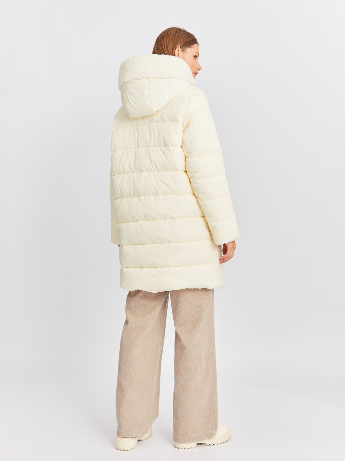 Тёплая куртка-пальто с капюшоном и отделкой из экомеха zolla 022425212164, цвет молоко, размер L - фото 6