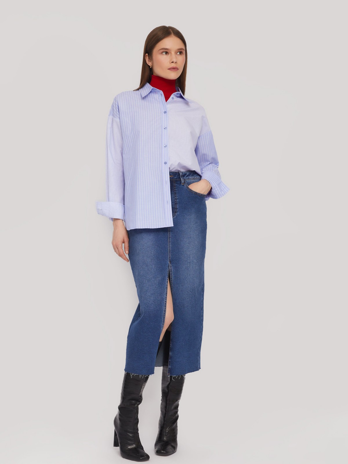 Рубашка оверсайз силуэта с узором в полоску zolla 024131159342, цвет светло-голубой, размер XS - фото 1