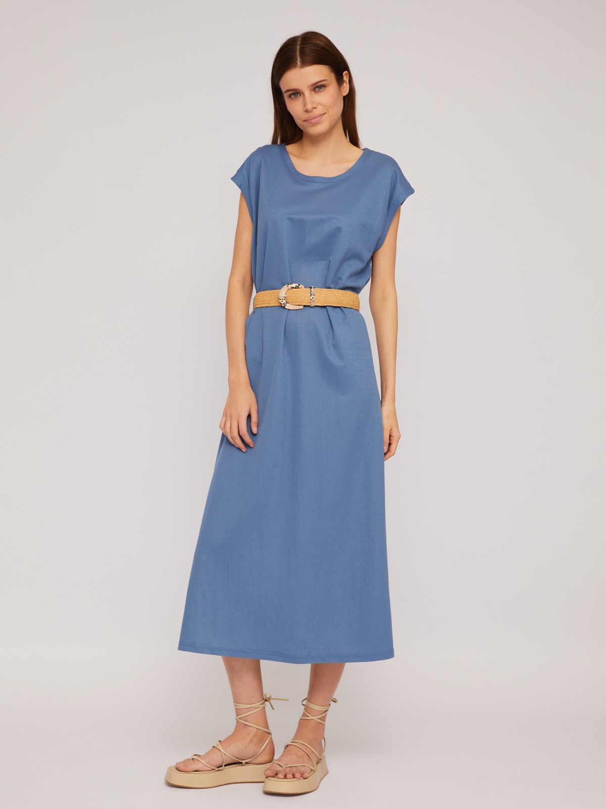 Трикотажное платье-футболка миди с плетёным ремнём zolla 02423819F042, цвет голубой, размер XS - фото 2
