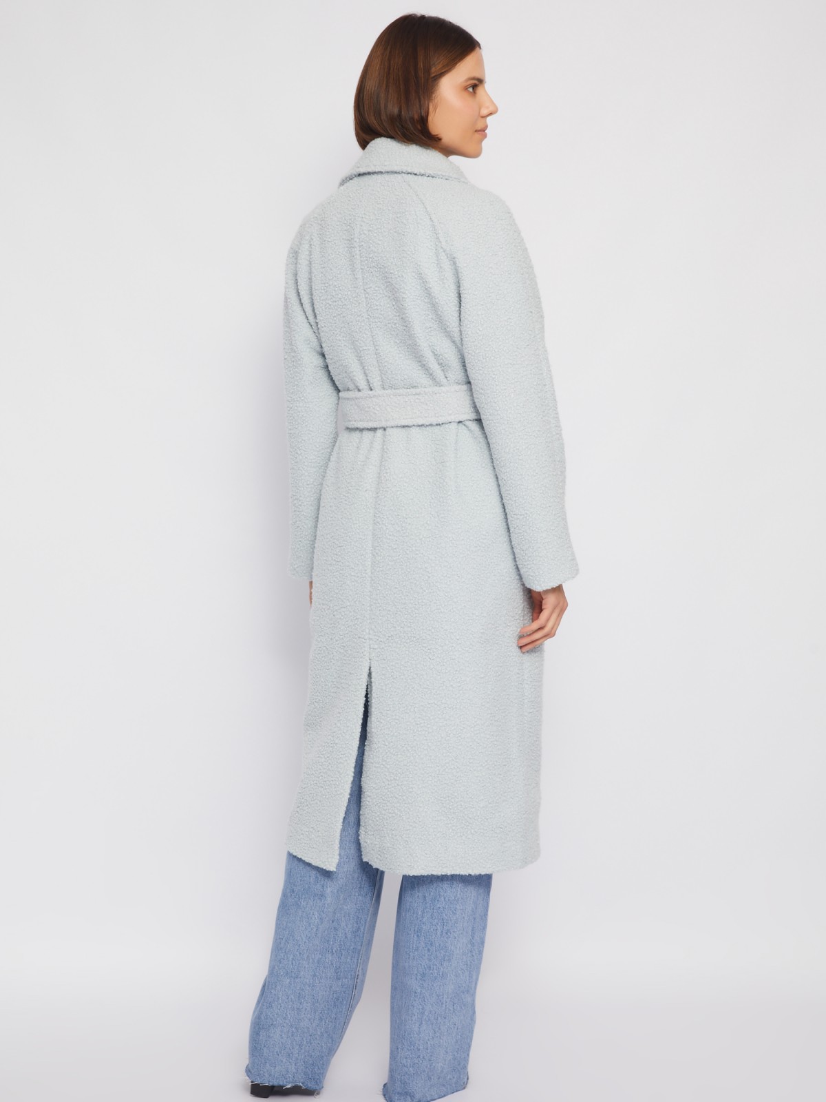 Длинное пальто букле без утеплителя с рукавами реглан и поясом