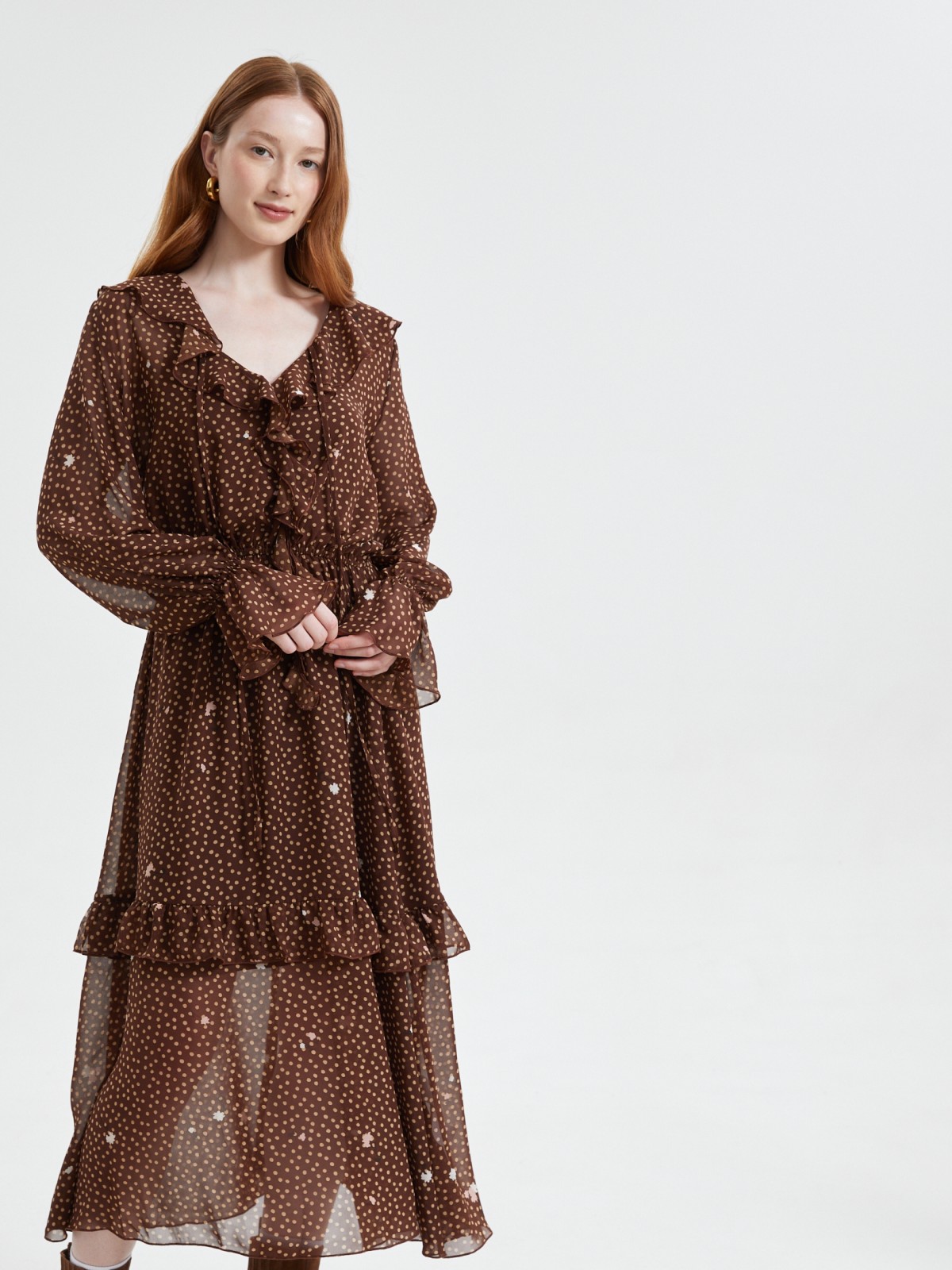 Платье миди из шифона с воланами