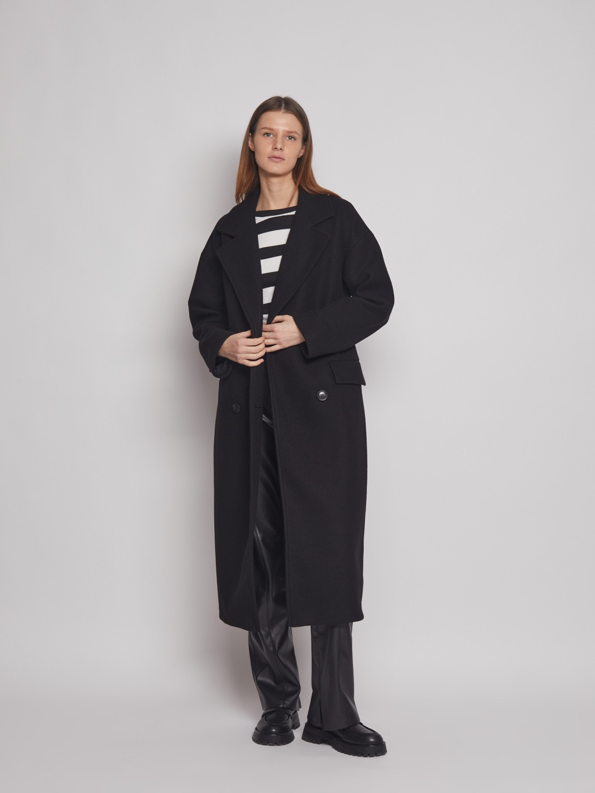 Двубортное пальто с поясом zolla 023125857054, цвет черный, размер XS - фото 2