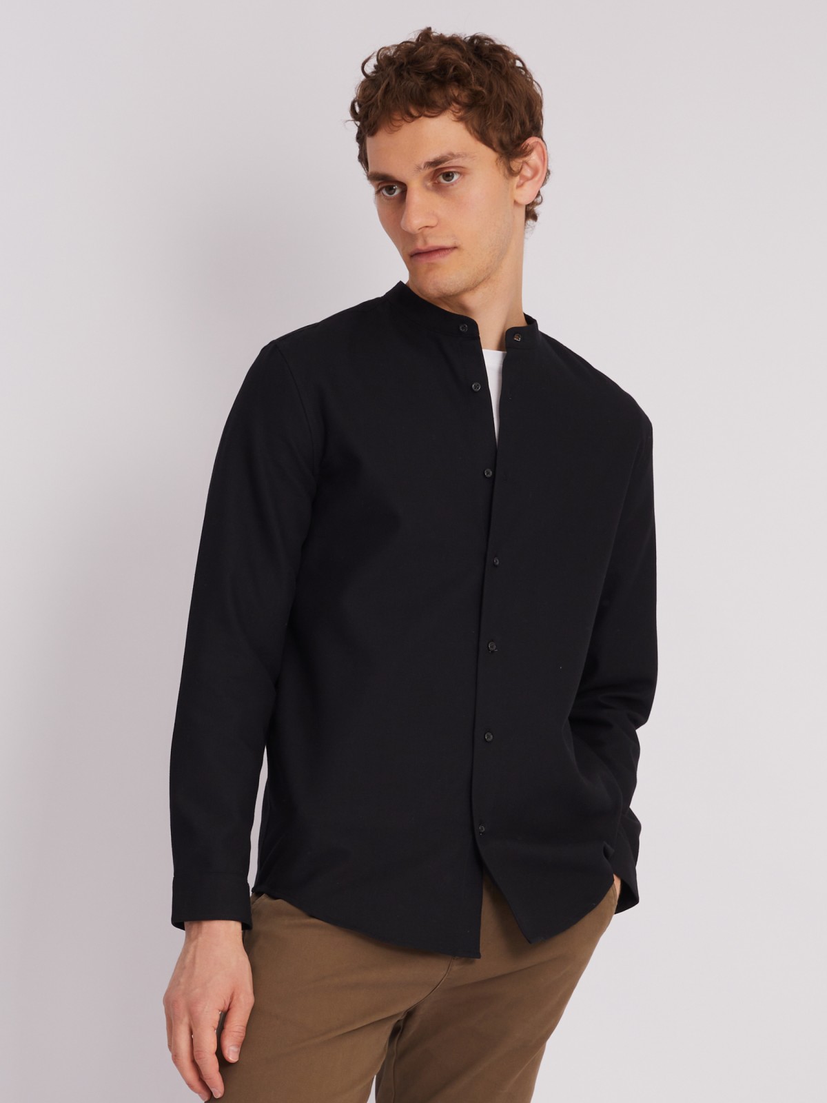Офисная рубашка с воротником-стойкой и длинным рукавом zolla 013312159023, цвет черный, размер S - фото 6