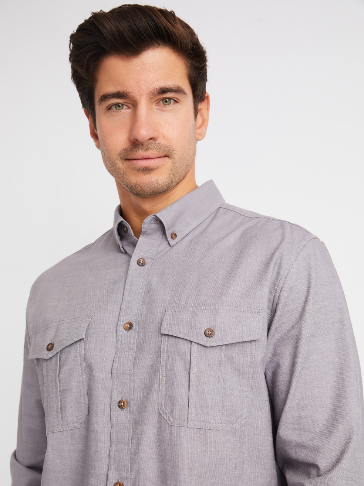 Рубашка из хлопка с длинным рукавом и карманами zolla 01413214R033, цвет серый, размер M - фото 3