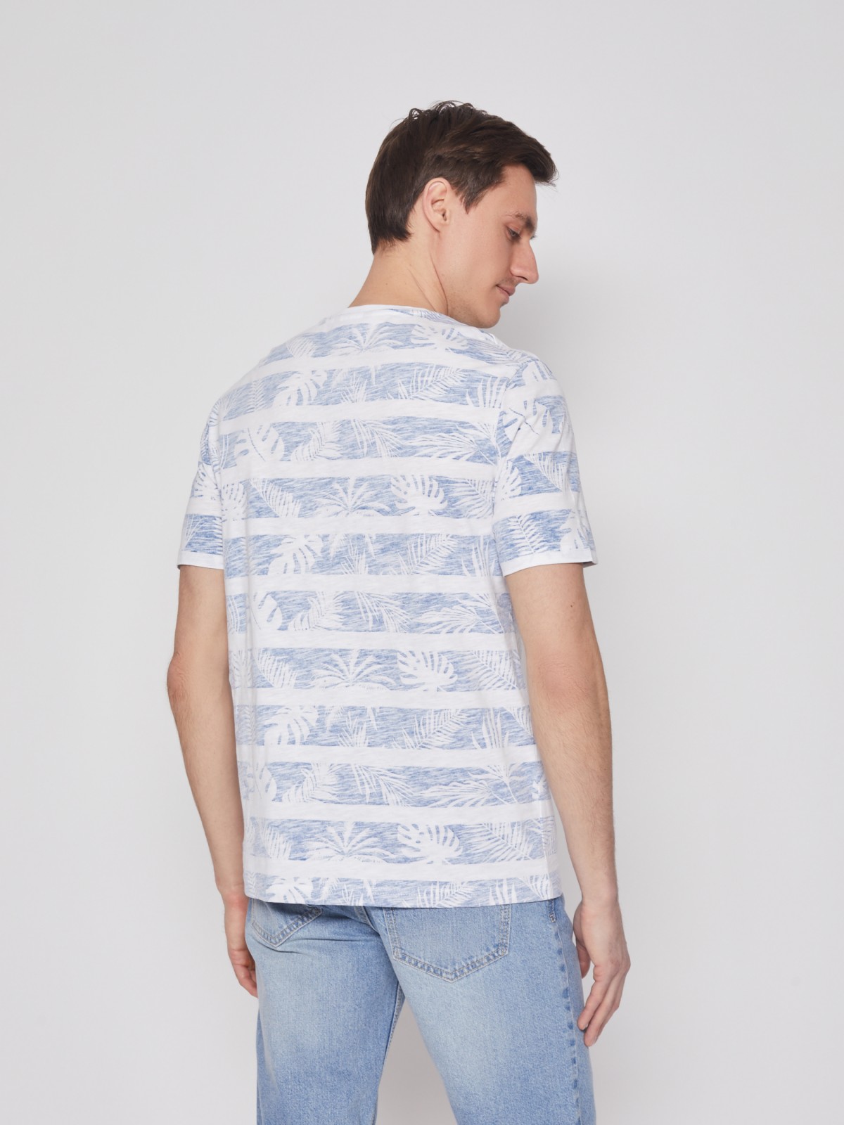 Футболка из хлопка в полоску с тропическим принтом