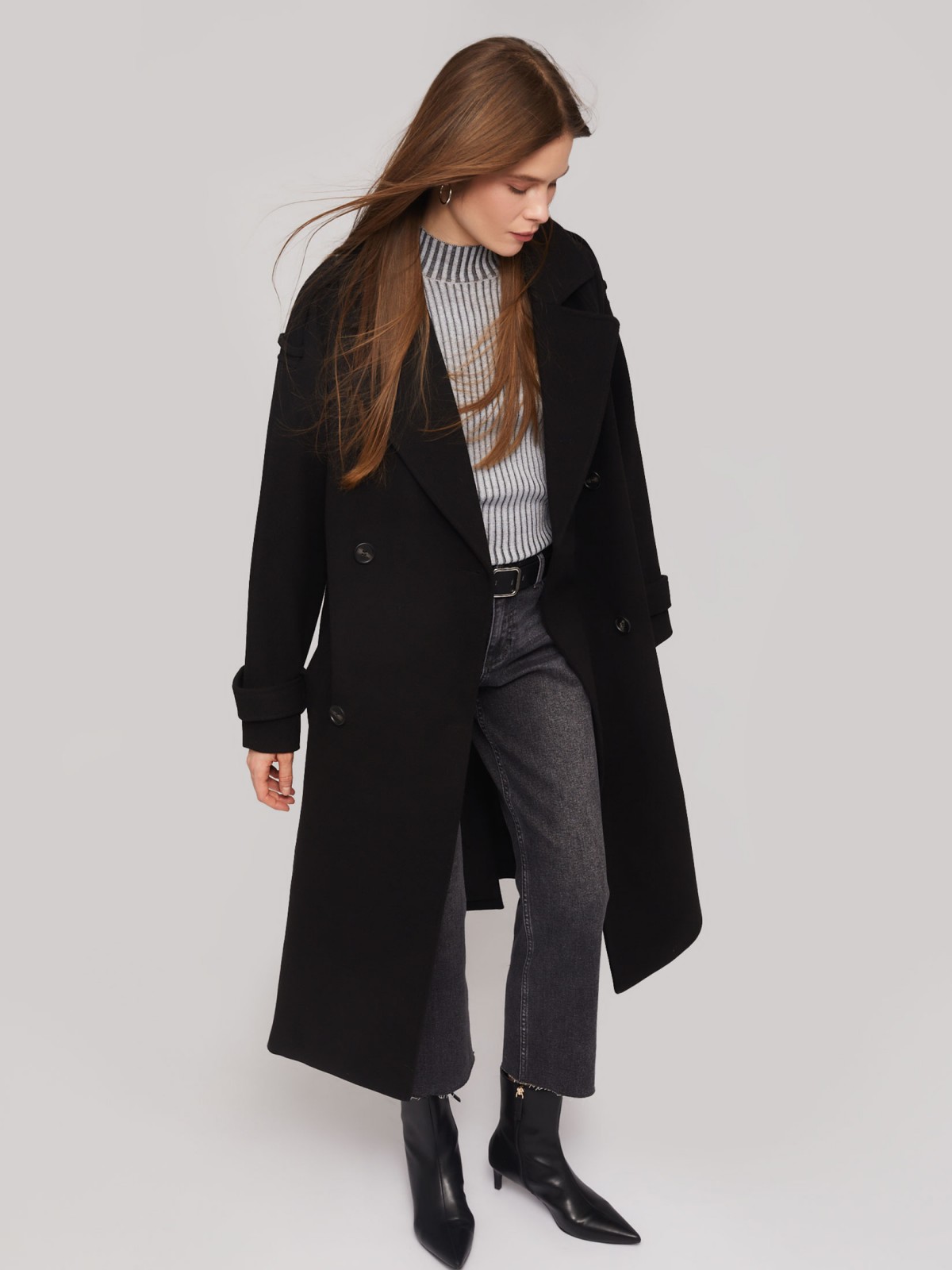 Длинное пальто-тренч без утеплителя с рукавами реглан и поясом zolla 024125866024, цвет черный, размер XS - фото 2