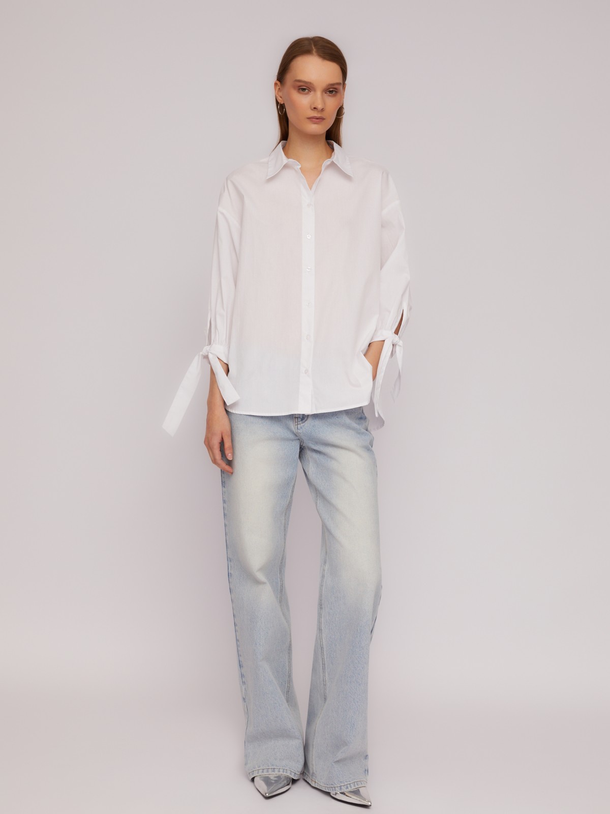 Рубашка из хлопка оверсайз силуэта с акцентными манжетами zolla 024211159033, цвет белый, размер XS - фото 2
