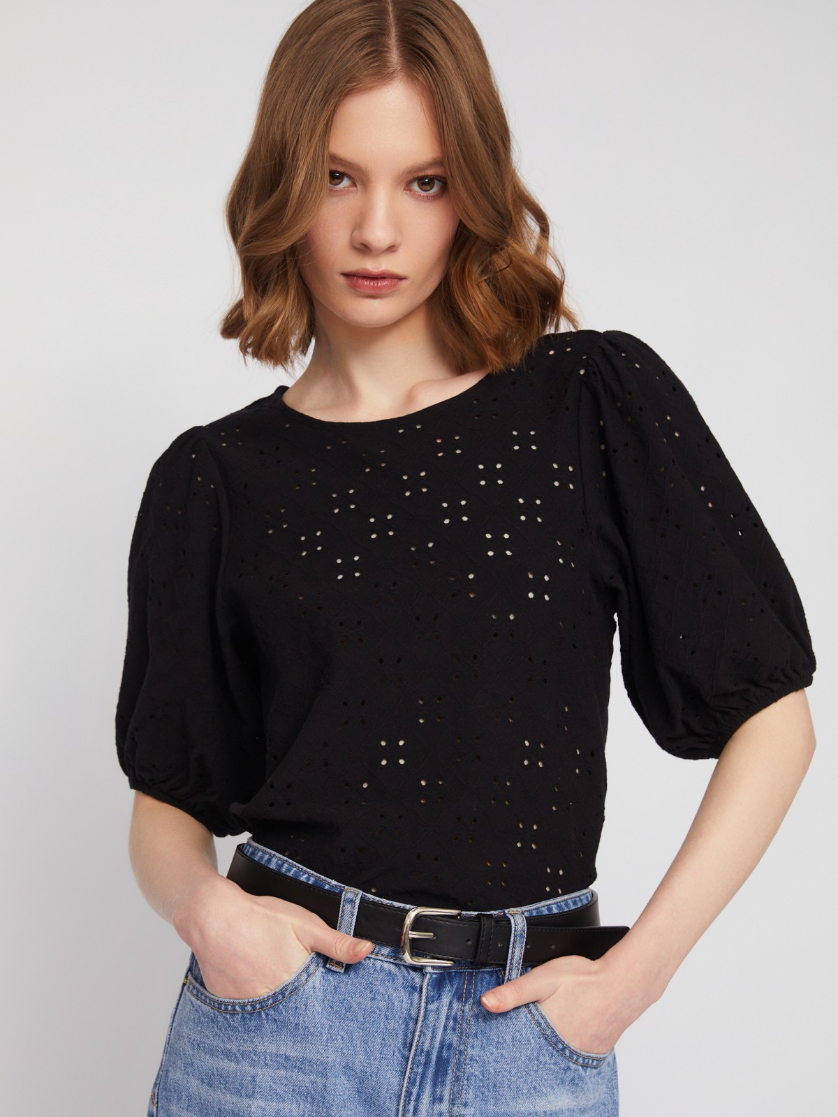 Топ-блузка из хлопка с пышным рукавом zolla 024133226023, цвет черный, размер M