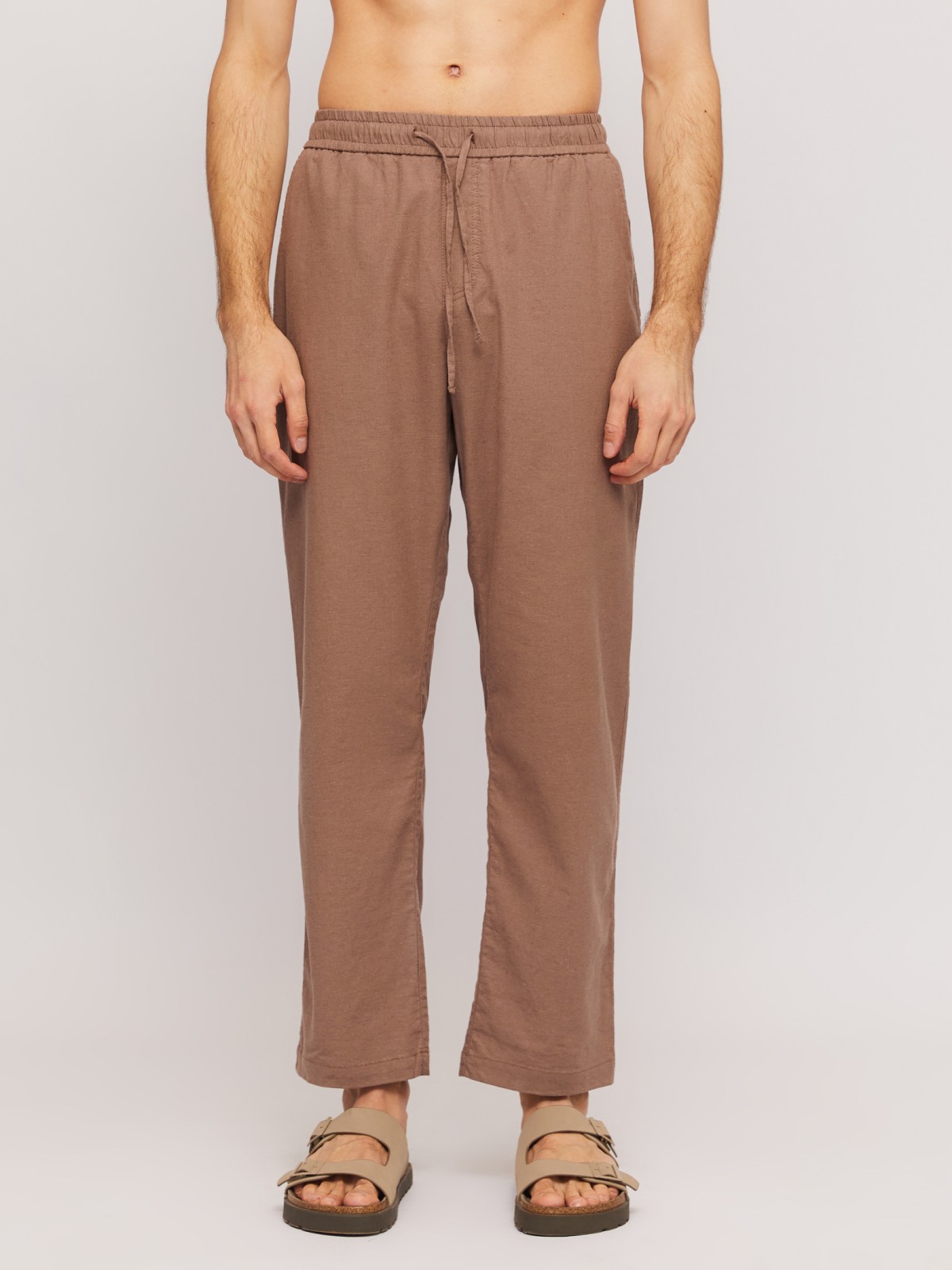 Льняные брюки на резинке с кулиской zolla 014257370043, цвет коричневый, размер 32 - фото 2