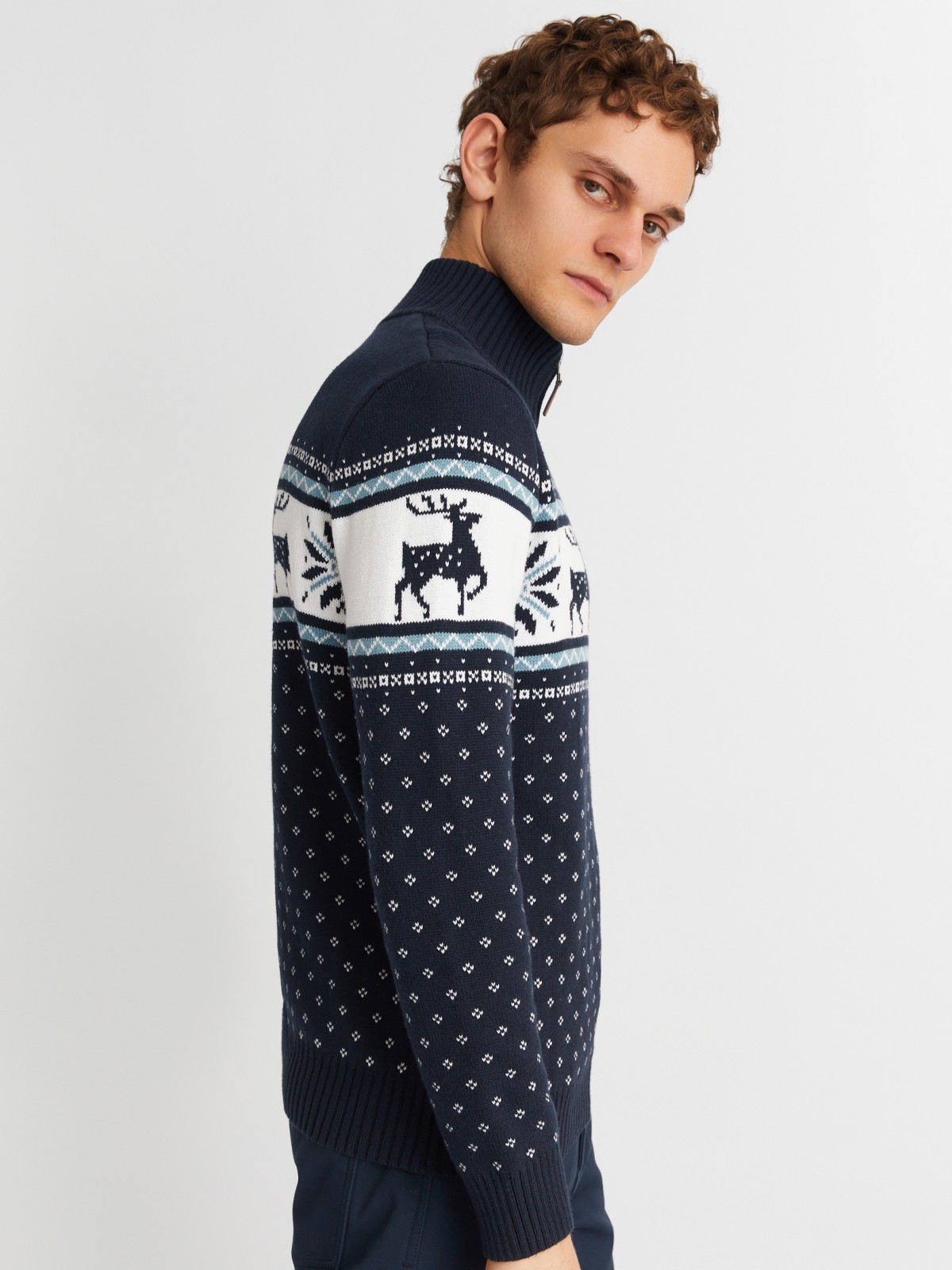 Вязаный свитер с воротником на молнии и скандинавским узором zolla 013436823043, цвет синий, размер M - фото 3