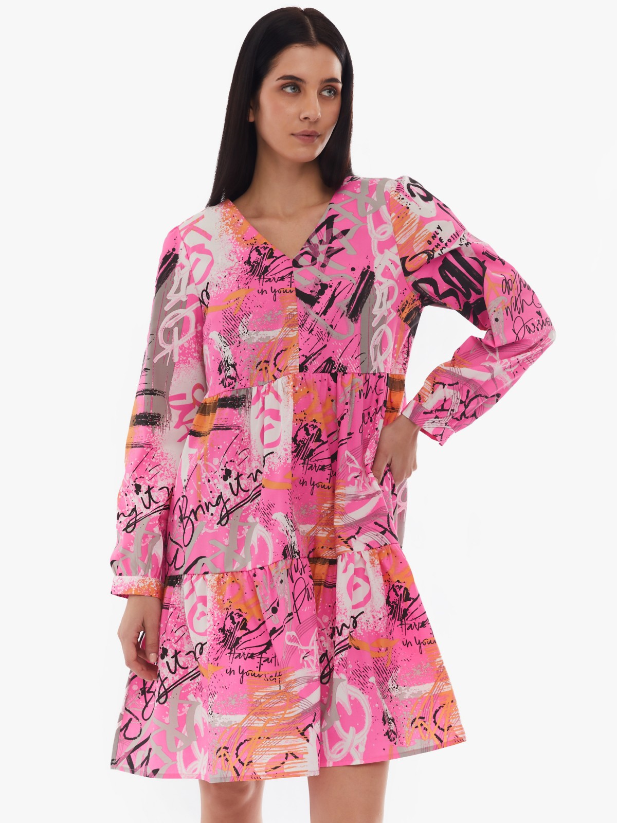 Ярусное платье с вырезом и длинными рукавами zolla 024138291073, цвет фуксия, размер XS - фото 3