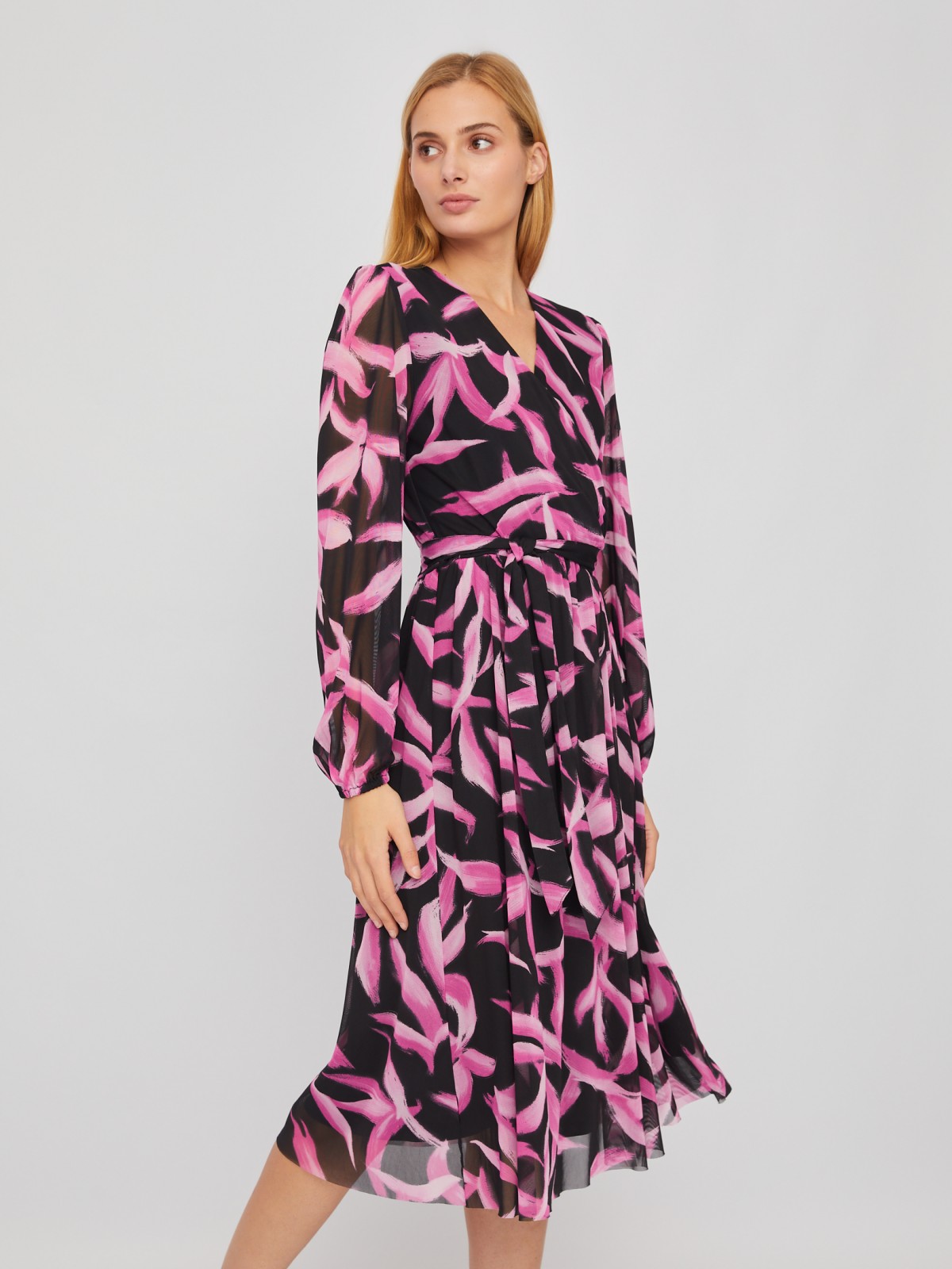 Платье миди из сетки с вырезом на запах и акцентным принтом zolla 024118159033, цвет фуксия, размер XS