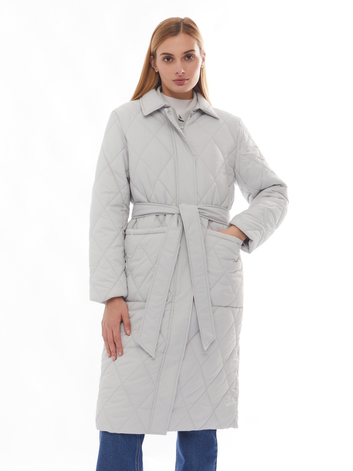 Утеплённое пальто с отложным воротником и поясом zolla 024125202094, цвет светло-серый, размер XS - фото 2