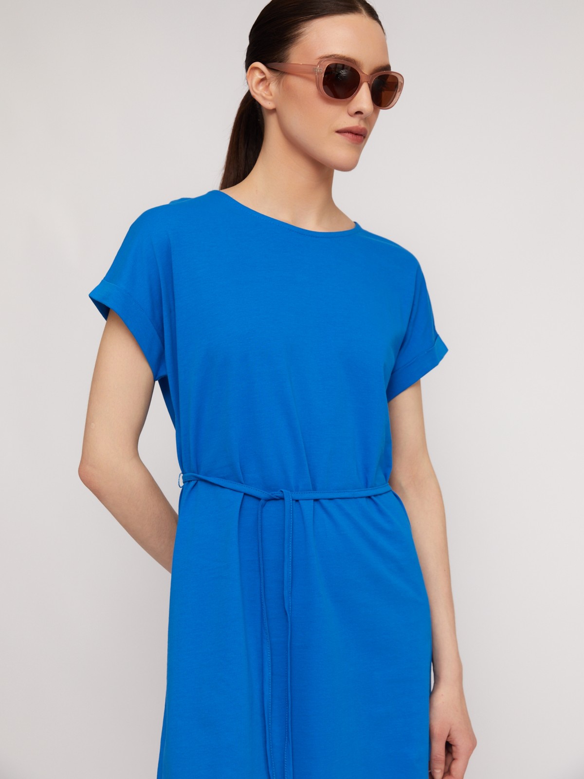 Платье-футболка из хлопка с поясом zolla N2424810G232, цвет голубой, размер L - фото 4