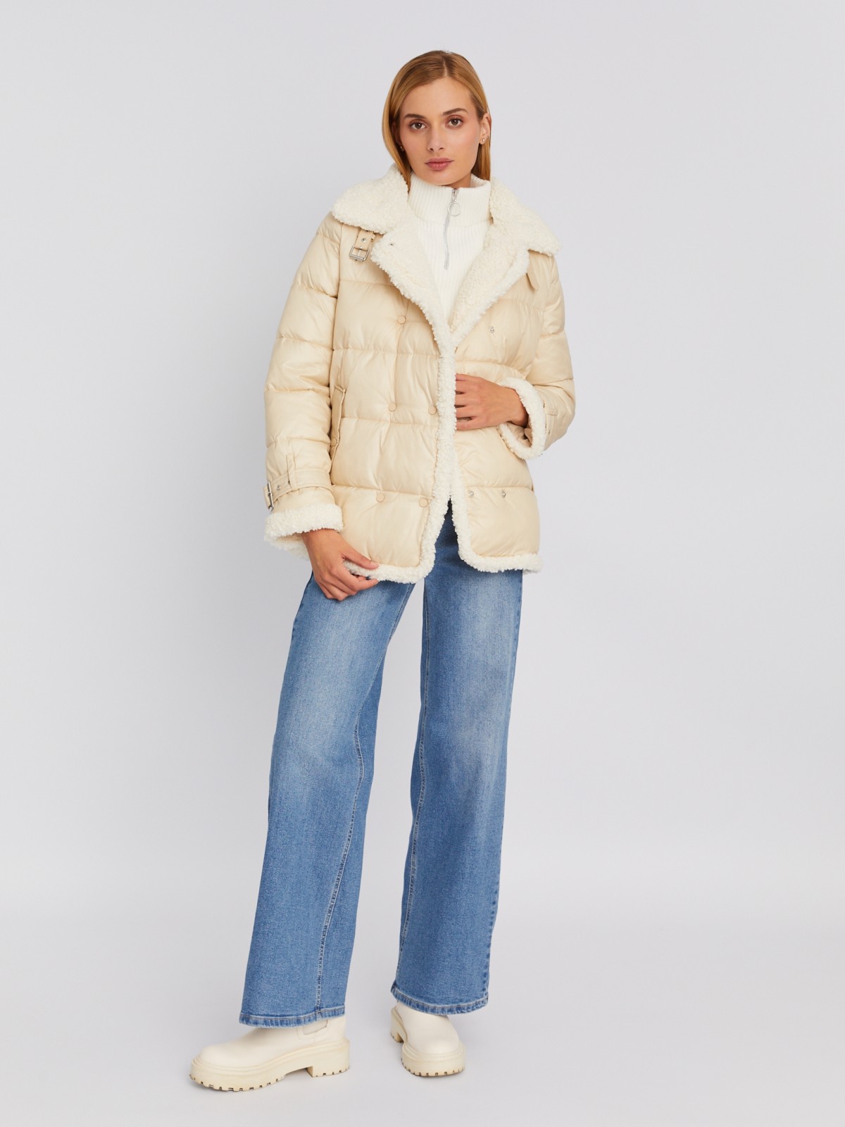 Утеплённая стёганая куртка с отложным воротником и отделкой из искусственного меха zolla 023335112354, цвет молоко, размер M - фото 2
