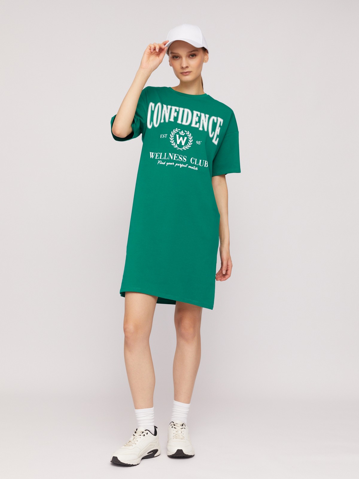 Платье-футболка из хлопка с коротким рукавом и принтом-надписью zolla N24218192033, цвет зеленый, размер S - фото 2