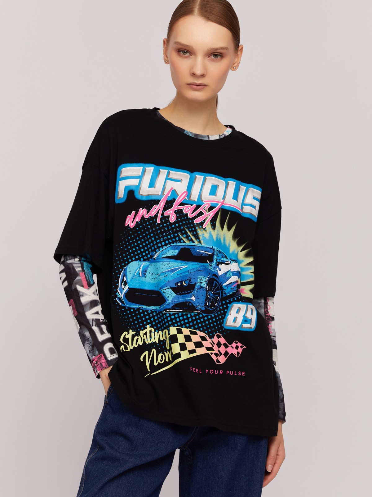 Футболка оверсайз из хлопка с коротким рукавом и принтом