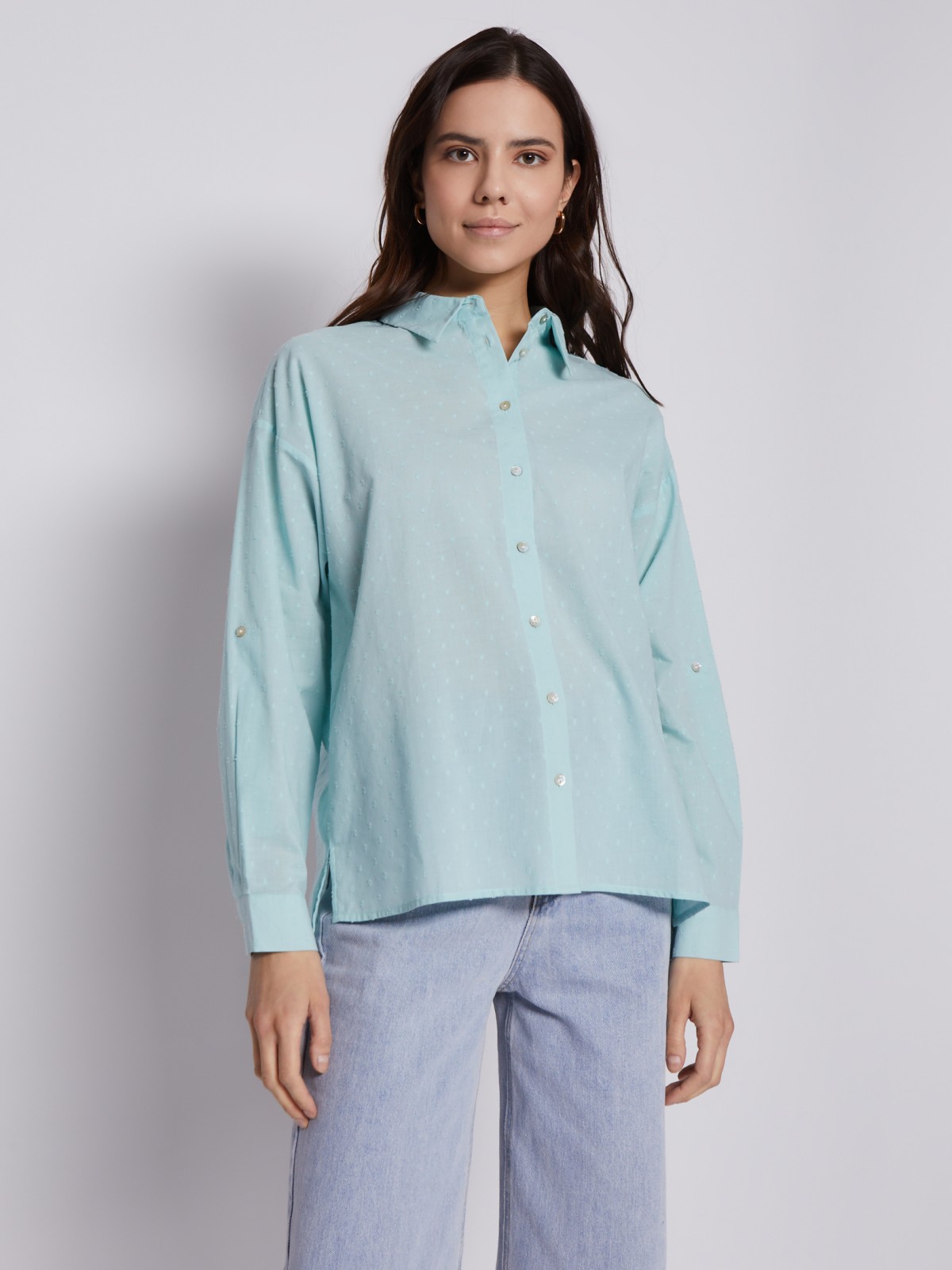 Рубашка из хлопка с подхватами на рукавах zolla 023211159113, цвет мятный, размер XS - фото 5