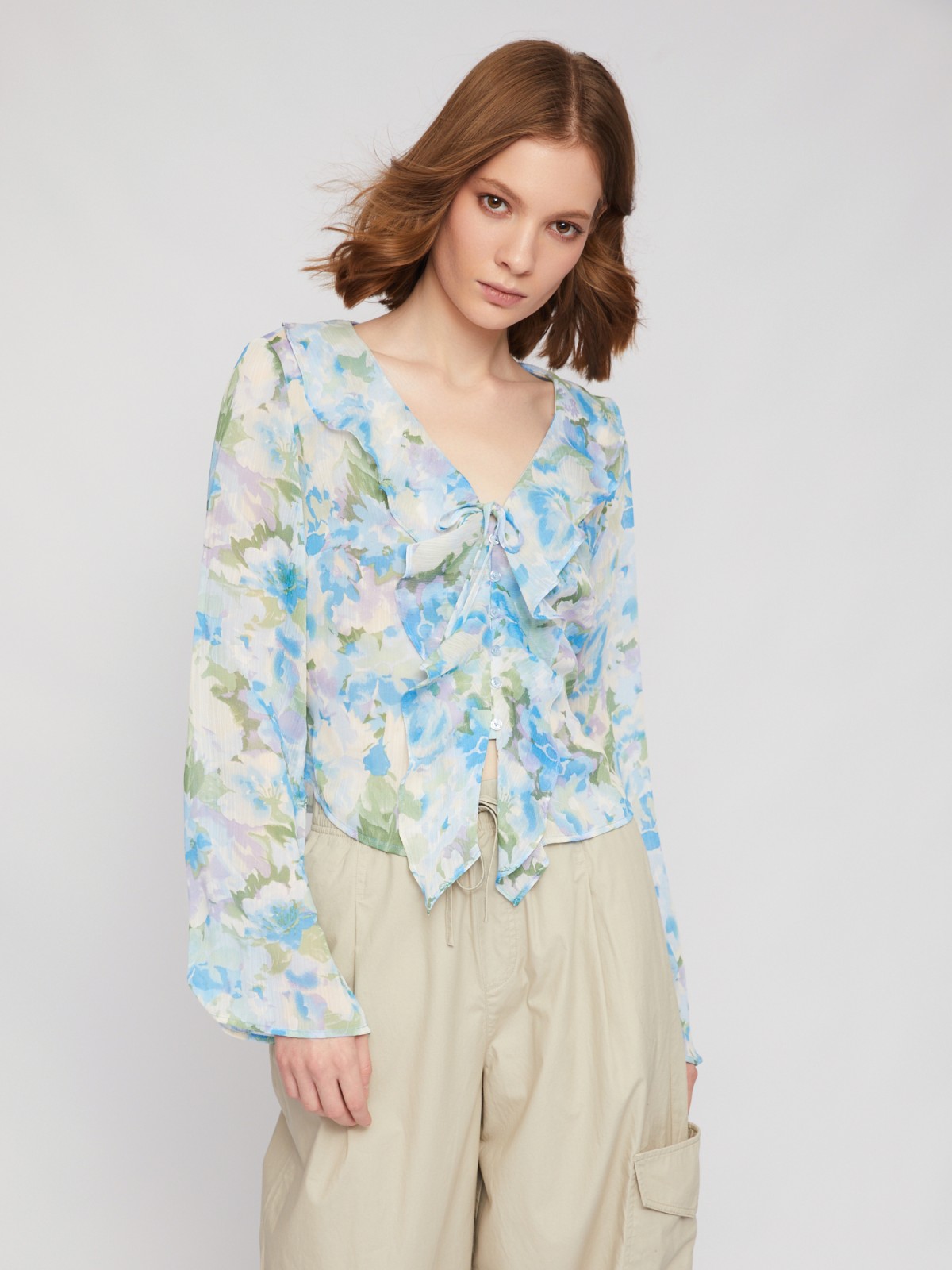 Блузка с вырезом с воланами и с цветочным принтом zolla 024221159211, размер M - фото 3