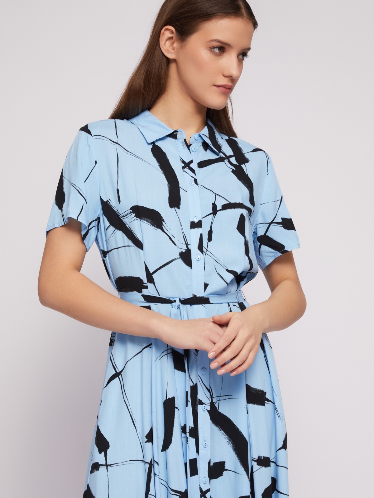 Платье-рубашка из вискозы с принтом и с поясом zolla 02421827Y083, цвет светло-голубой, размер S - фото 3
