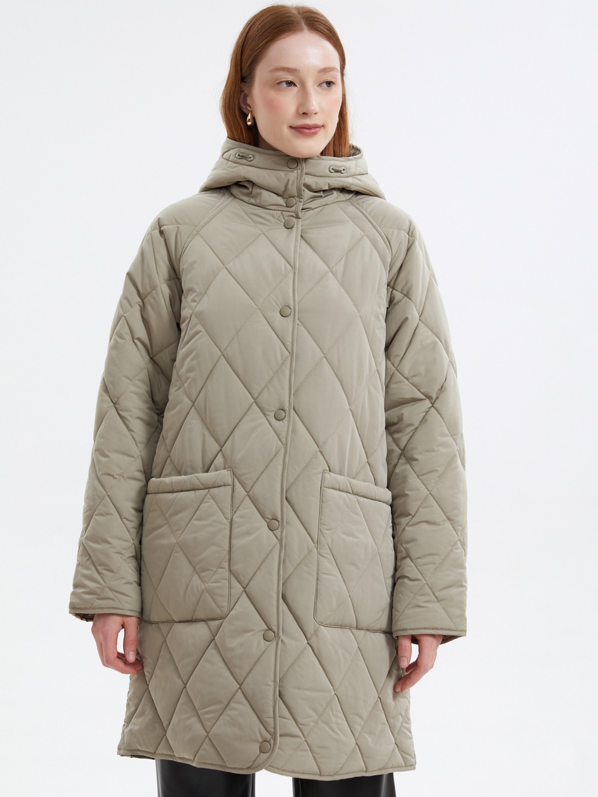 Стёганая куртка-пальто с капюшоном и рукавами реглан