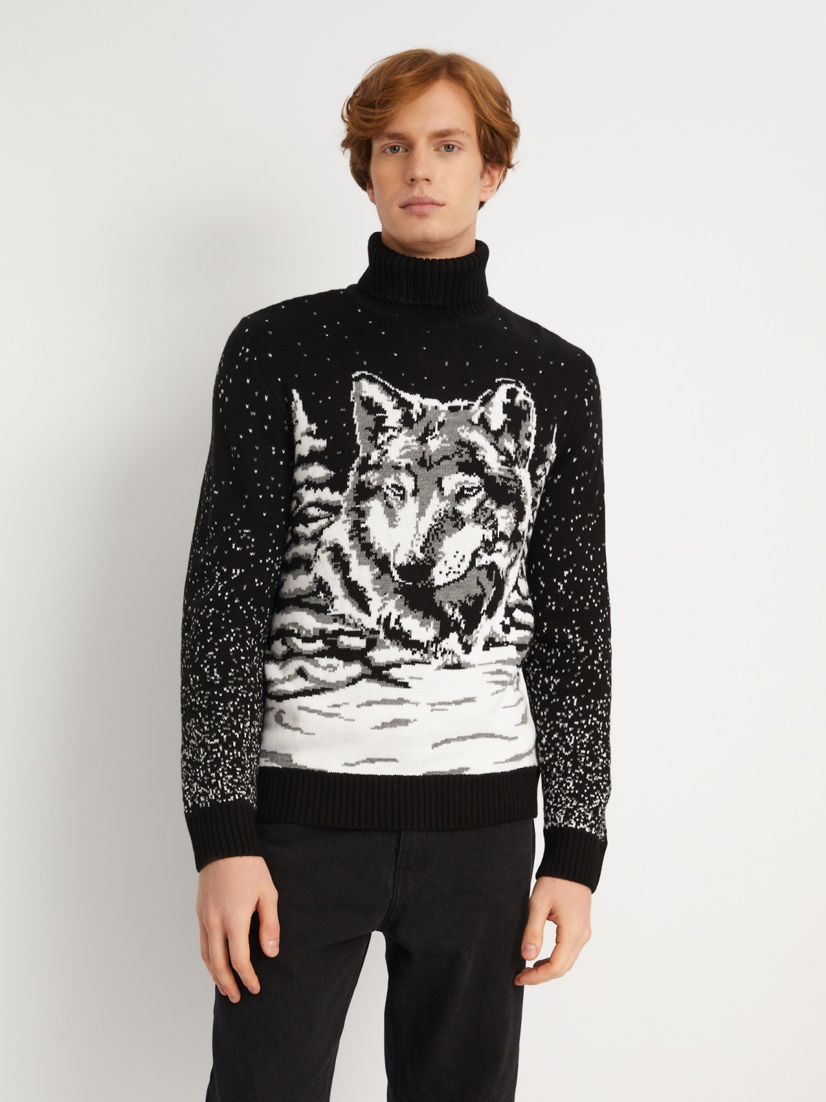 Вязаный свитер из акрила с волком zolla 013446123023, цвет черный, размер S - фото 3