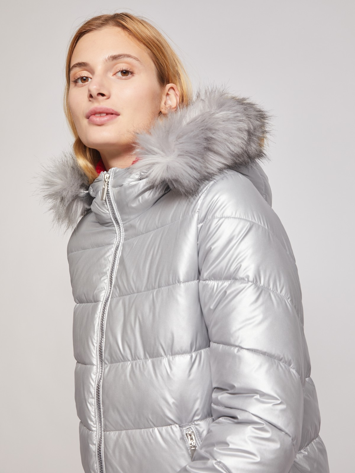 Утеплённая куртка с меховой опушкой zolla 020345112704, цвет серебряный, размер XS - фото 5