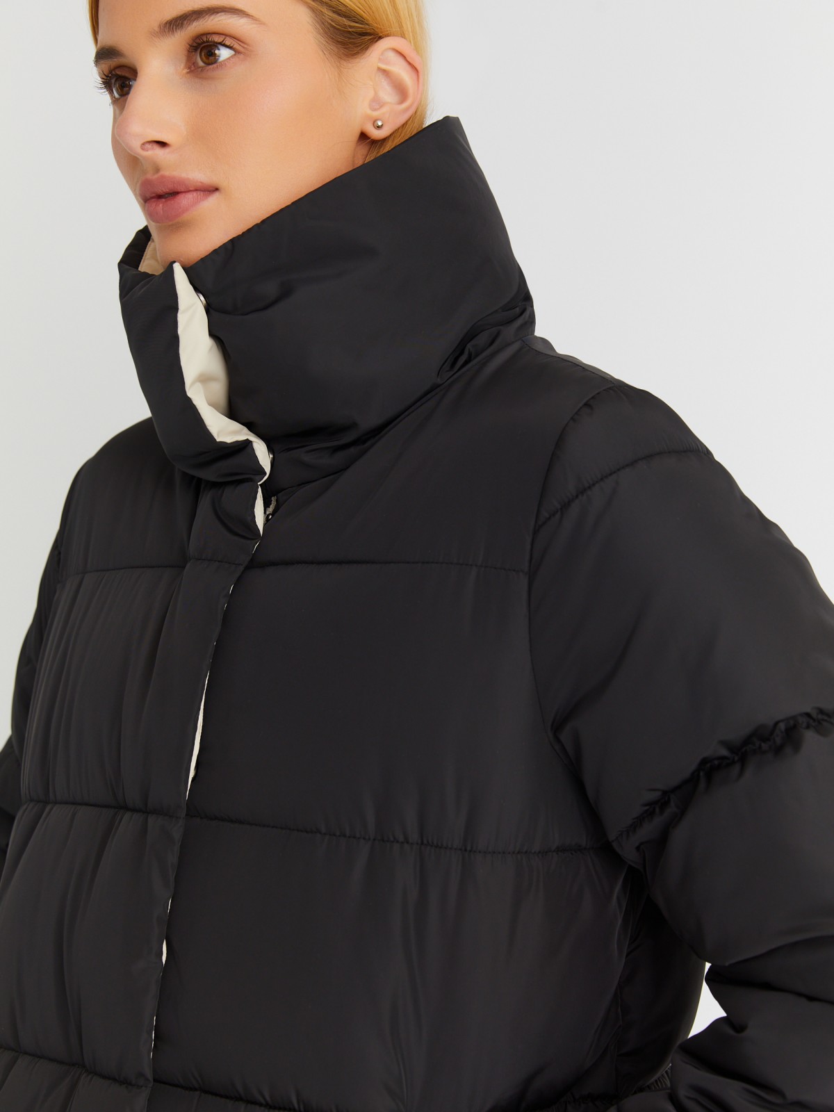 Тёплая стёганая куртка-пальто с высоким воротником zolla 023345202084, цвет черный, размер XS - фото 4