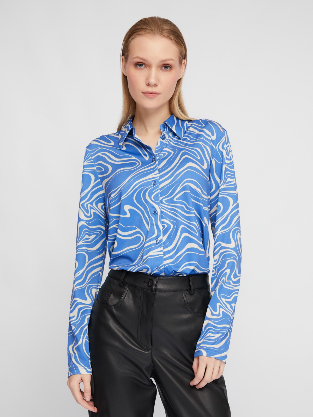 Рубашка из принтованного трикотажа с длинным рукавом zolla 024111159493, цвет голубой, размер XS - фото 1