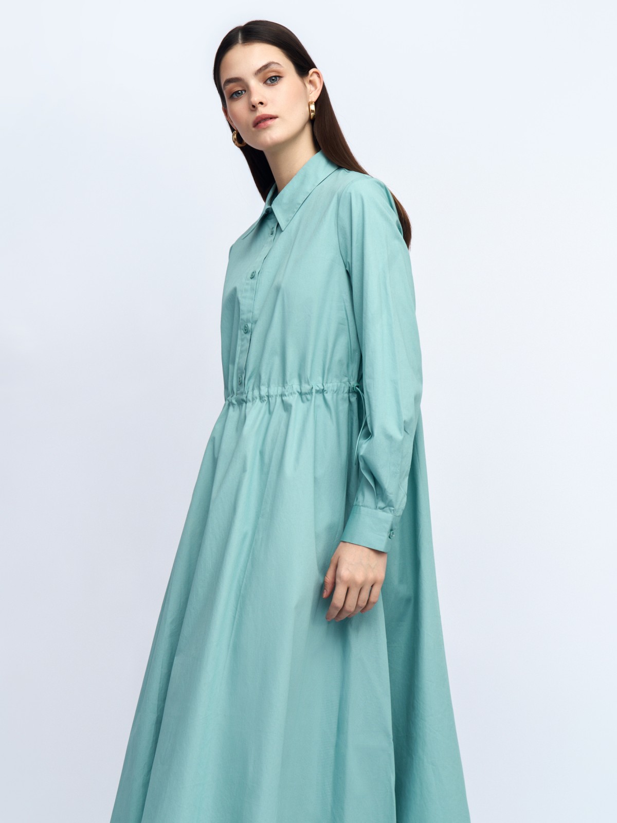 Платье-рубашка миди из хлопка с кулиской