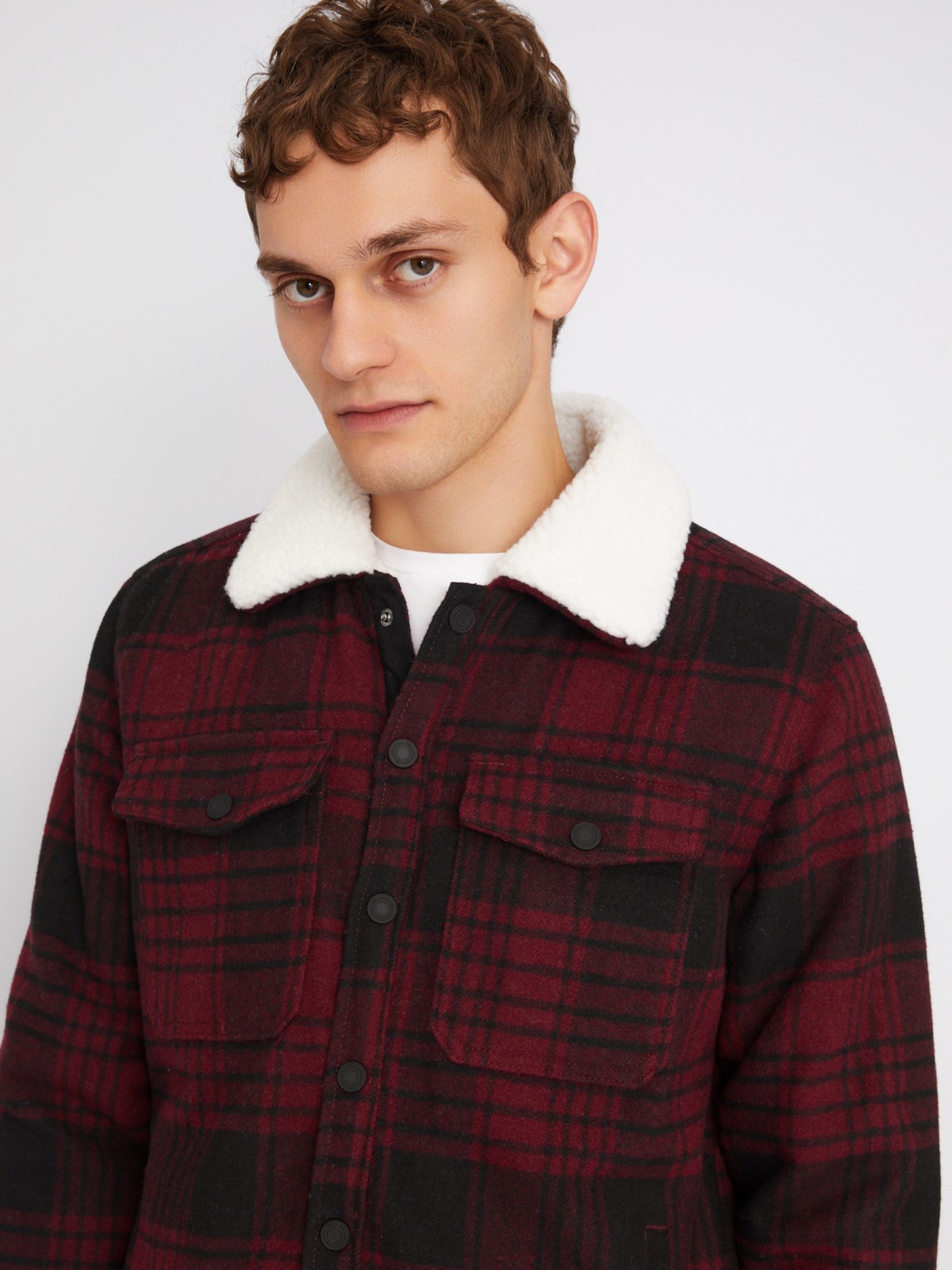 Утеплённая куртка-рубашка с экомехом и узором в клетку zolla 013335859034, цвет красный, размер XL - фото 4