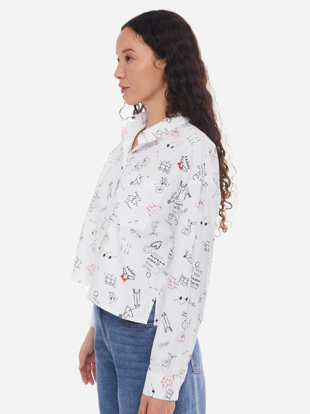 Укороченная рубашка оверсайз силуэта с принтом zolla 02412118Y153, цвет белый, размер XS - фото 4