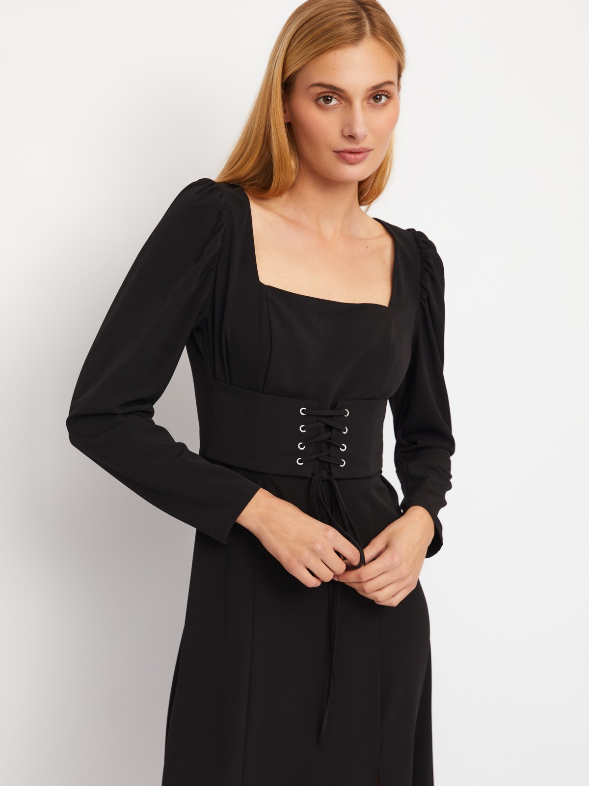 Платье длины миди с имитацией корсета и разрезом по ноге zolla 024118208281, цвет черный, размер XS - фото 3