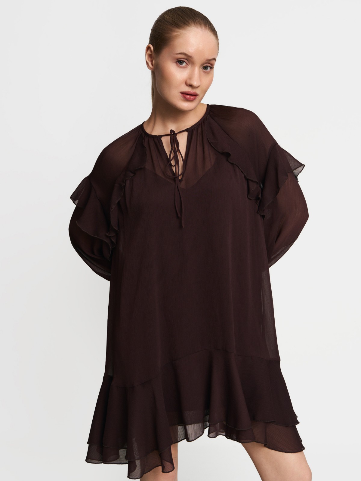 Платье мини из шифона с воланами