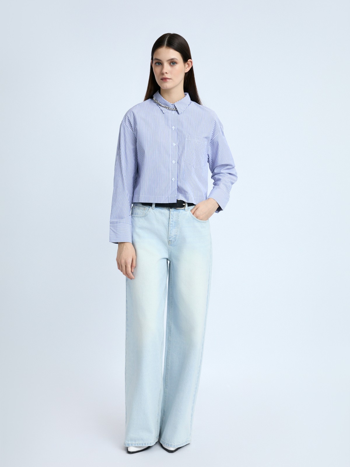 Укороченная рубашка в полоску с карманом