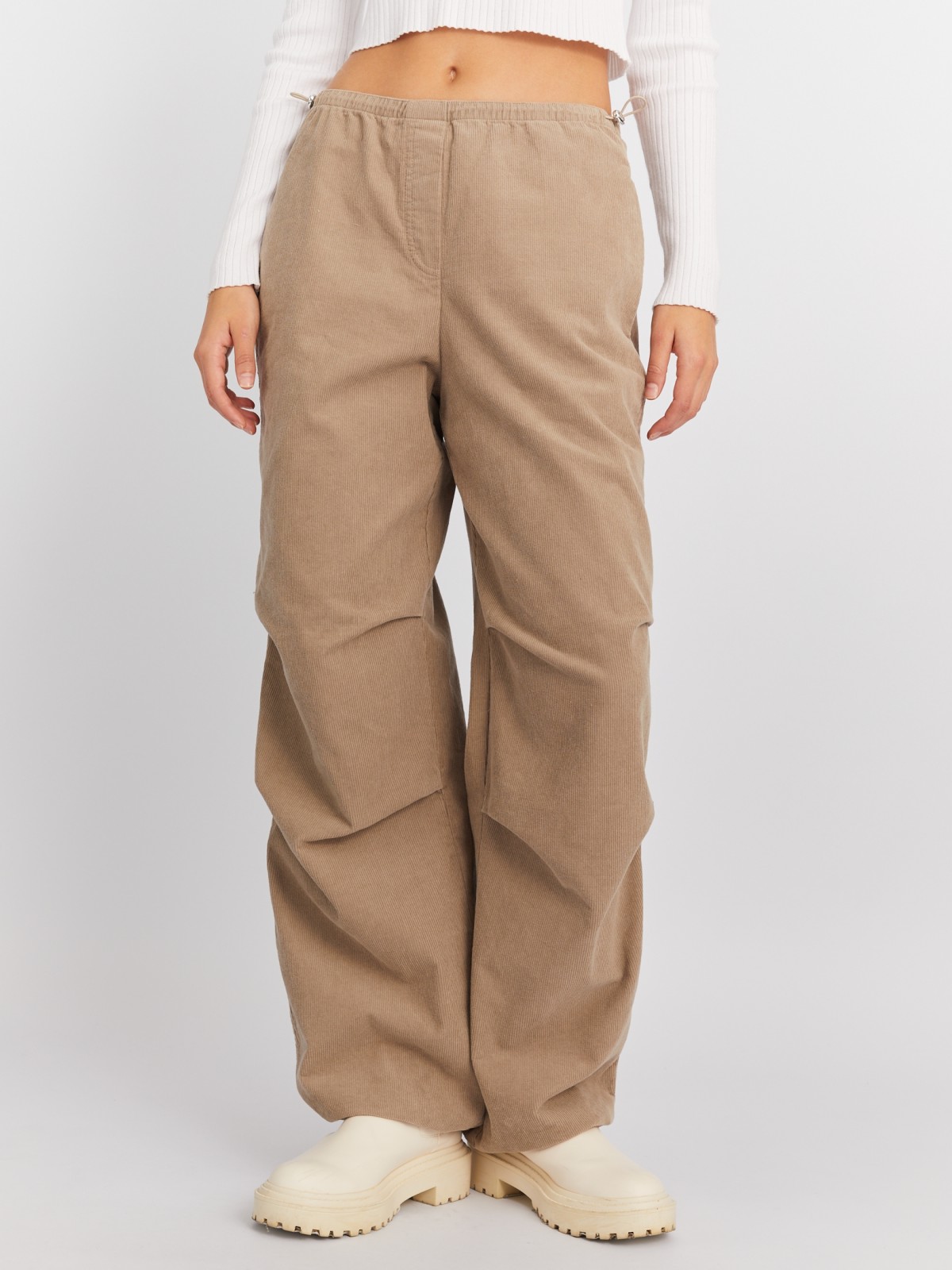 Вельветовые брюки-джоггеры на кулиске из хлопка zolla 024117359011, цвет бежевый, размер XS - фото 2