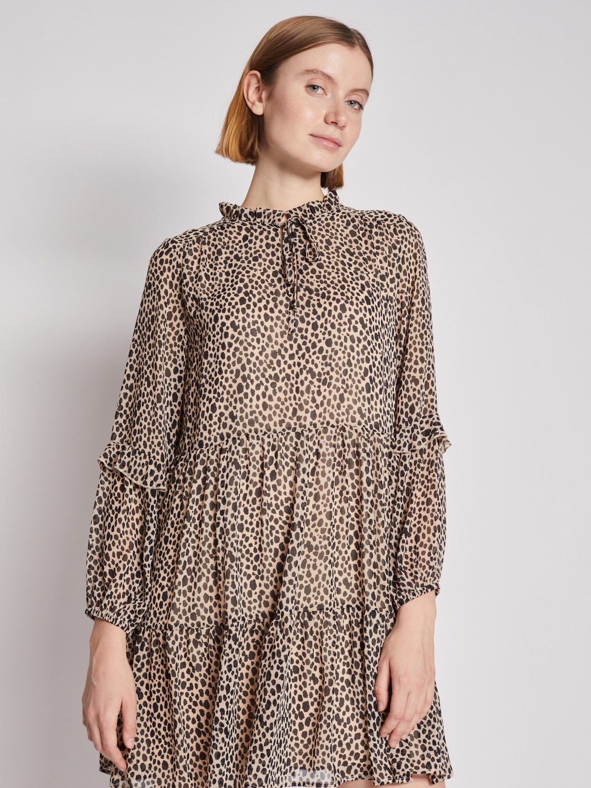 Шифоновое платье с леопардовым принтом zolla 022138262313, цвет бежевый, размер XS - фото 3