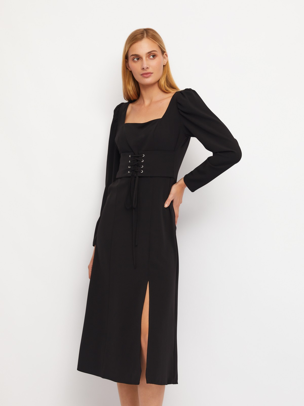 Платье длины миди с имитацией корсета и разрезом по ноге zolla 024118208281, цвет черный, размер XS - фото 1