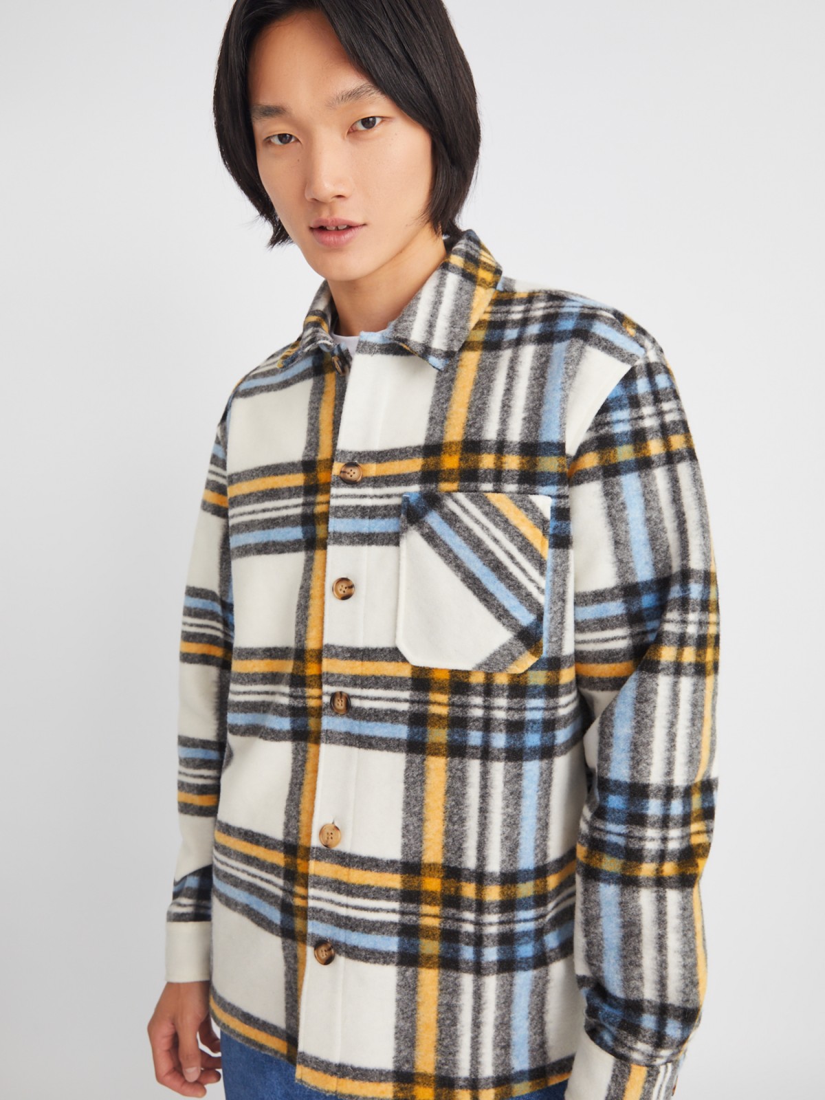 Куртка-рубашка из пальтовой ткани с узором в клетку на пуговицах zolla 013335860074, цвет желтый, размер M - фото 4