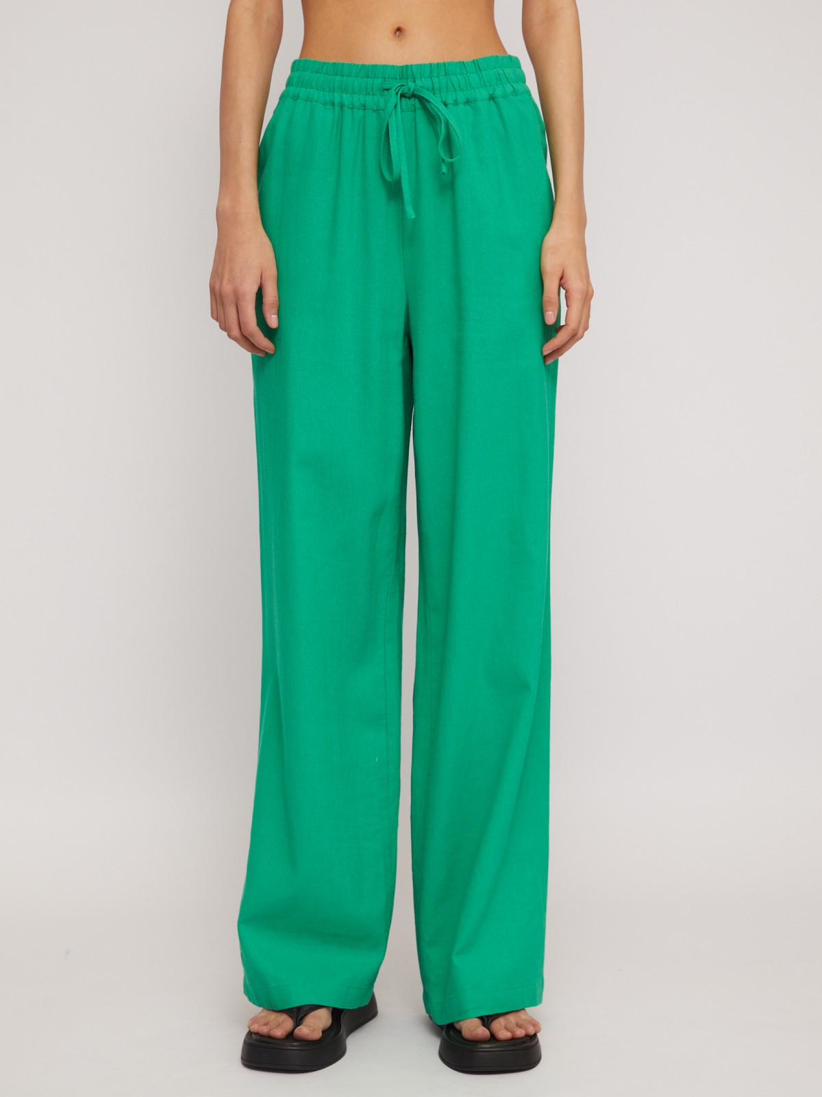 Льняные брюки на резинке с кулиской zolla 024247362053, цвет зеленый, размер S - фото 5